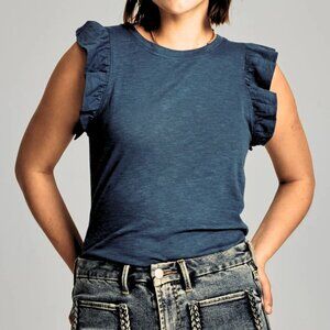 CHASER Ruffle Sleeve Heather Grey Navy Tank Tee Top Size Small NWT